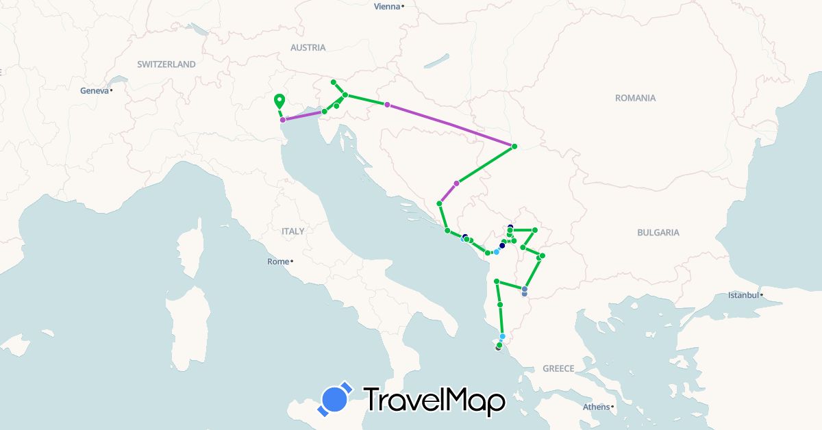 TravelMap itinerary: driving, bus, cycling, train, boat, motorbike in Albania, Bosnia and Herzegovina, Greece, Croatia, Italy, Montenegro, Macedonia, Serbia, Slovenia, Kosovo (Europe)